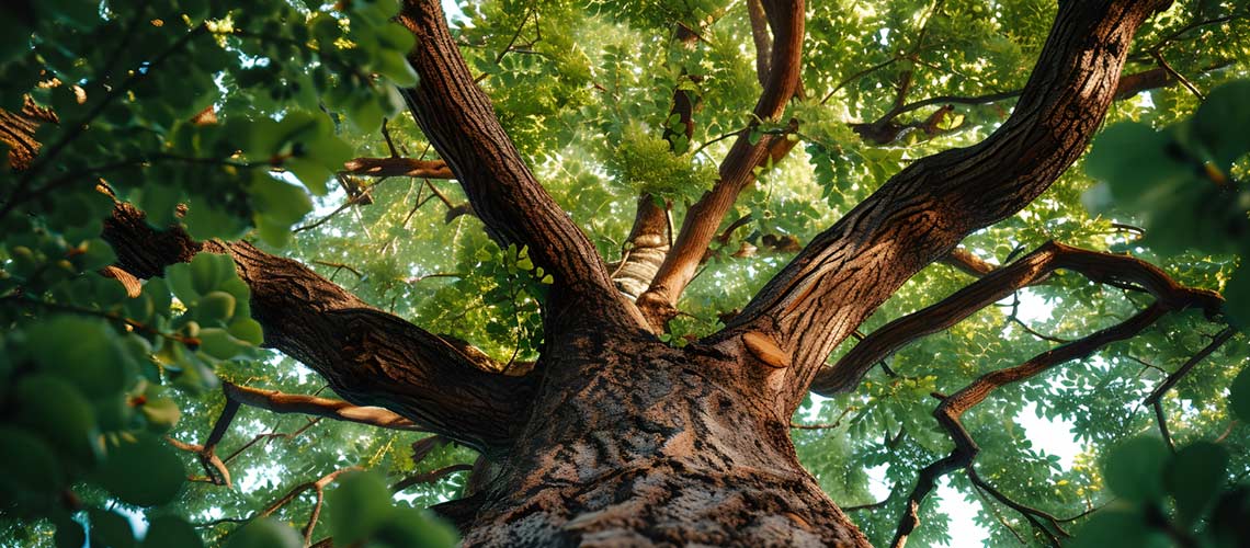 Árvore da Madeira Teca vista de baixo pra cima, mostrando seus galho, veios e folhas.