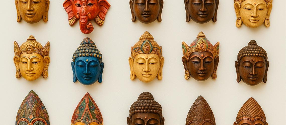 Máscaras decorativas entalhadas de divindades hidus