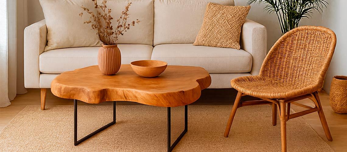 Sala de estar com mesa em formato orgânico no centro e ao seu lado uma cadeira em fibras naturais
