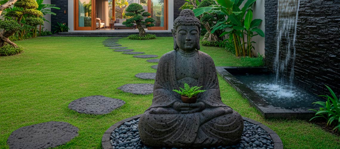Jardim com escultura de buda em pedra vulcânica
