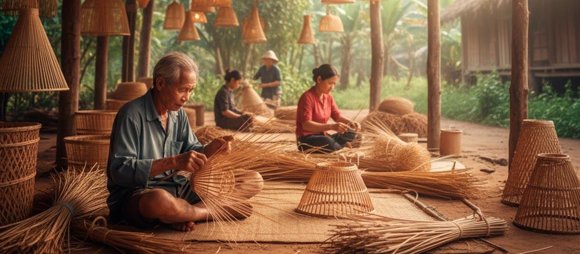 Artesãos vietnamitas trançando fibras naturais para montar luminárias