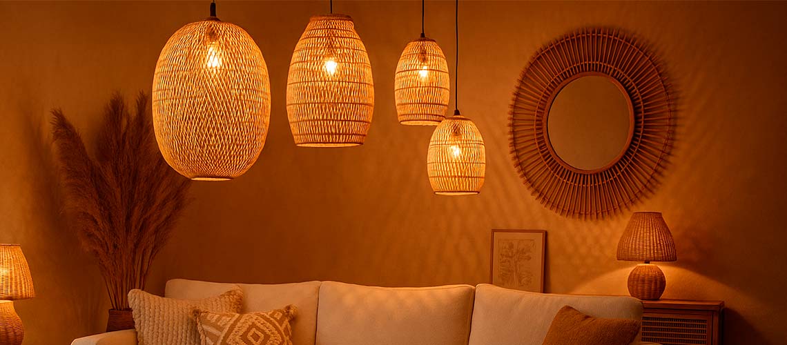 ambiente decorado com iluminação boho. Diversas luminárias em rattan e fibras naturais penduradas no teto.