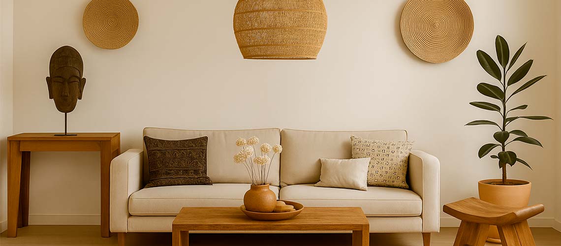 Banner sala de estar unindo decoração étnica e minimalista
