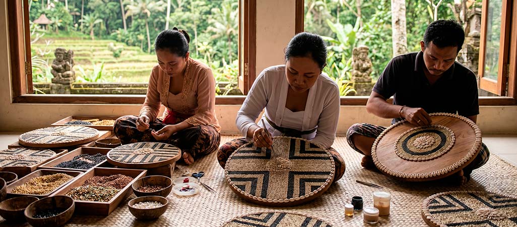 Artesãos balineses de Ubud, montando suas tradicionais mandalas de miçangas com búzios.