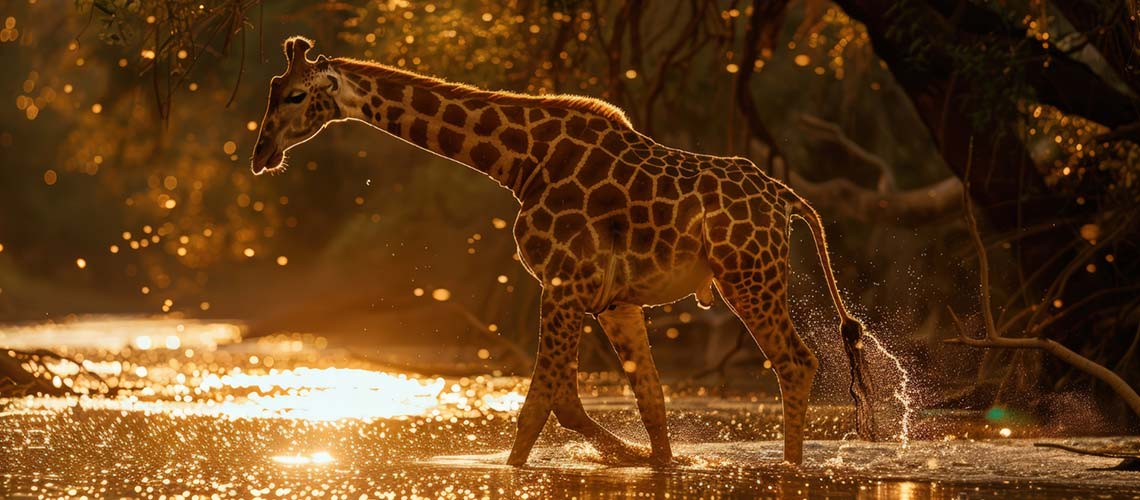 Animal girafa caminhando em águas rasas ao pôr do sol.