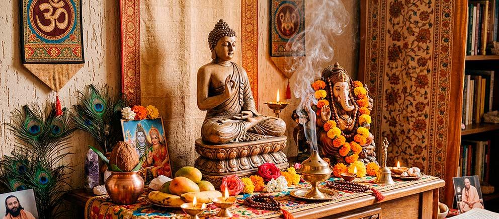 Santuário particular hinduista com buddha e incensos.