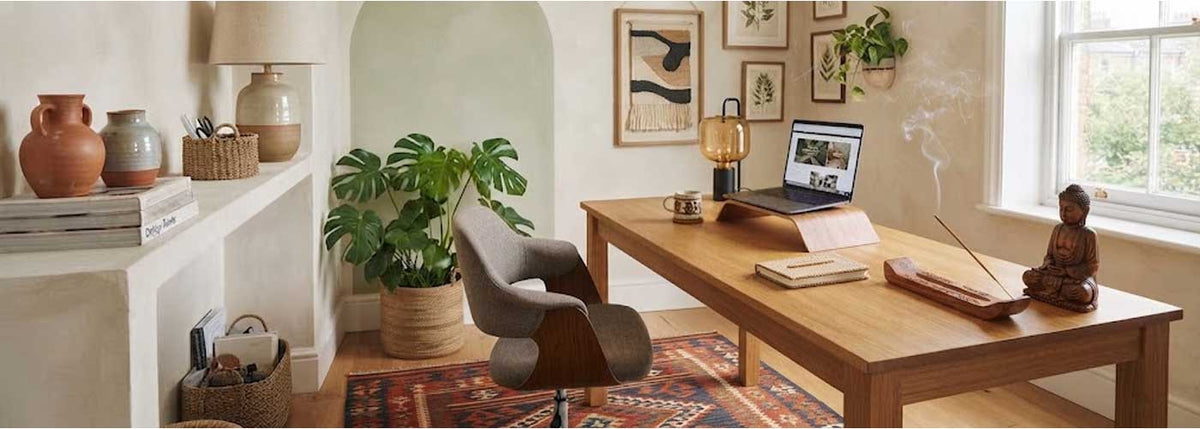 Home office com decoração boh chic criando clima aconchegante para trabalho em casa.
