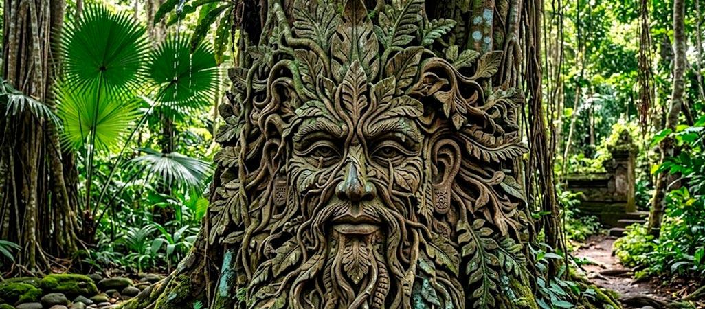 Escultura natural do espírito da natureza Green Man nas florestas.