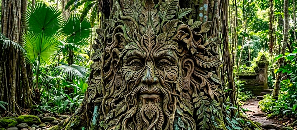 Escultura natural do espírito da natureza Green Man nas florestas.