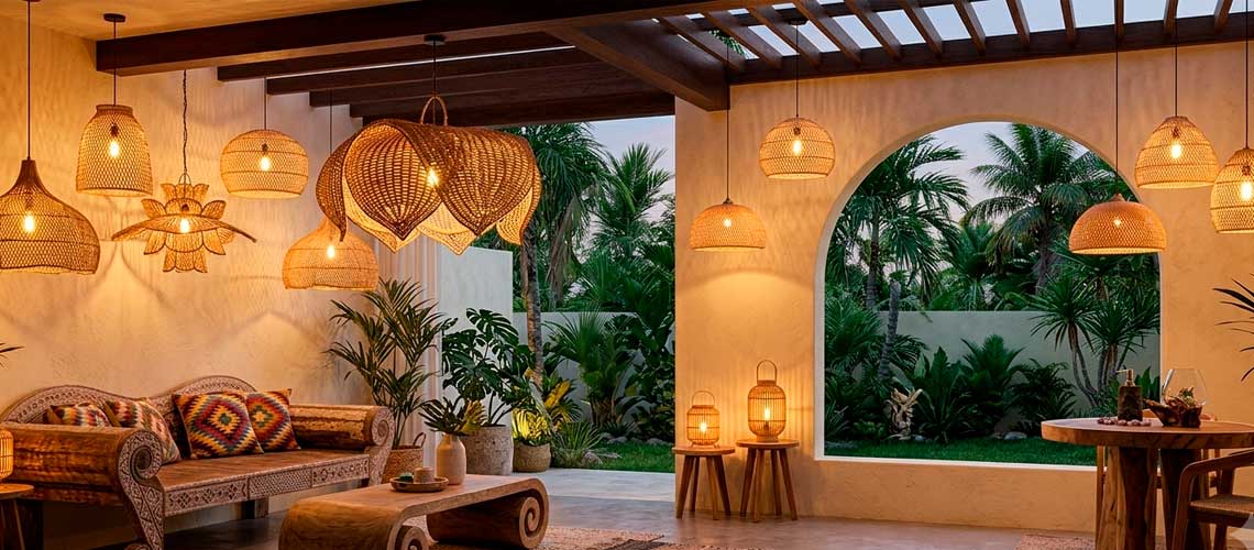 Ambiente decorado com luminárias pendentes em fibra natural com efeitos cênicos das tramas dos itens.