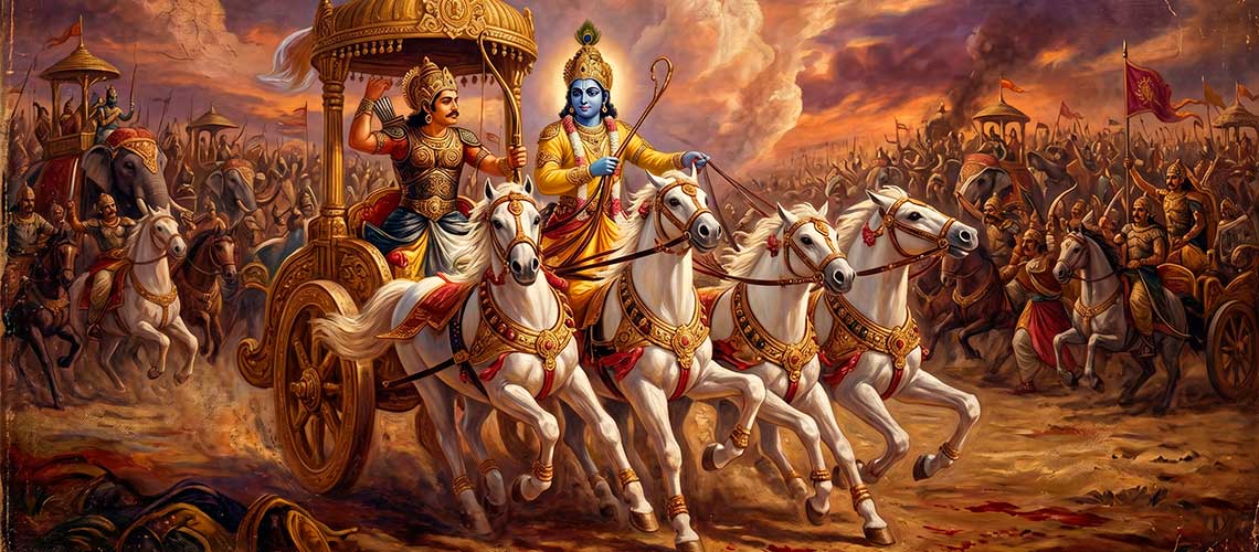 Cena clássica de Krishna e Arjuna em carroagem