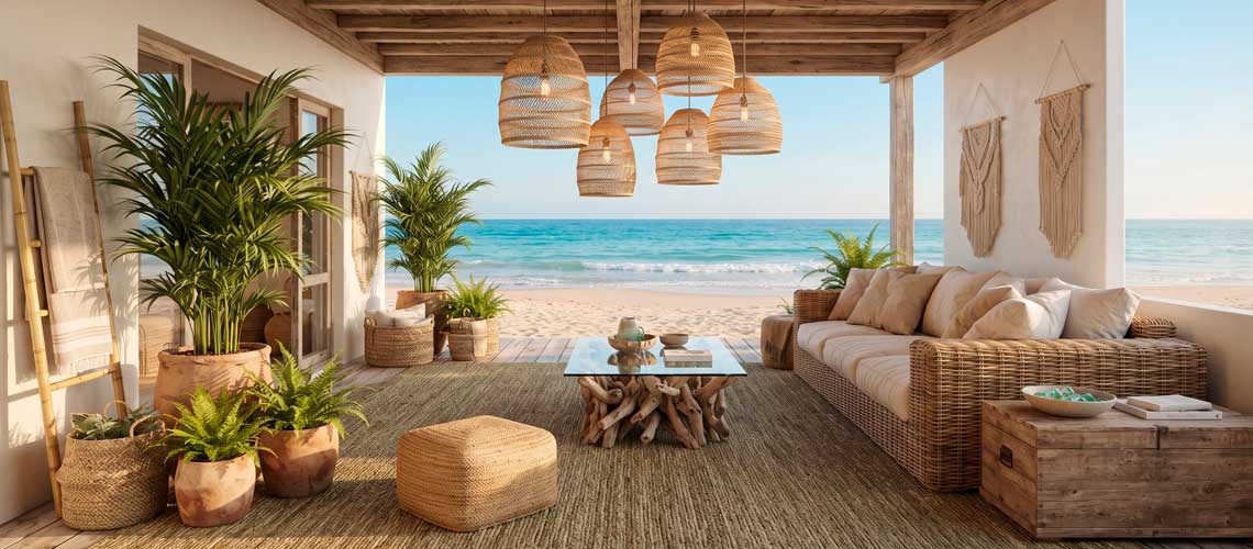 Decoração tropical praiana com fibras naturais de rattan e seagrass (erva-marinha) no estilo boho.