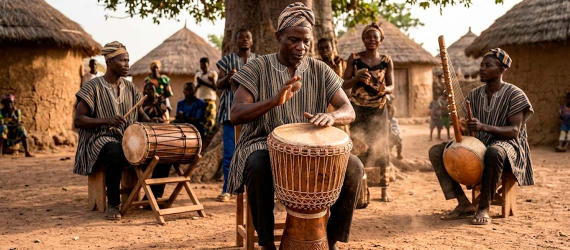 Poco tribal africano tocando o tambor djembê artesanal.