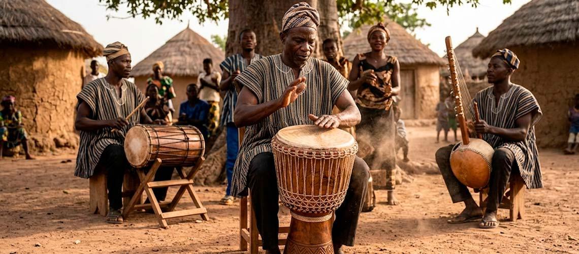 Poco tribal africano tocando o tambor djembê artesanal.