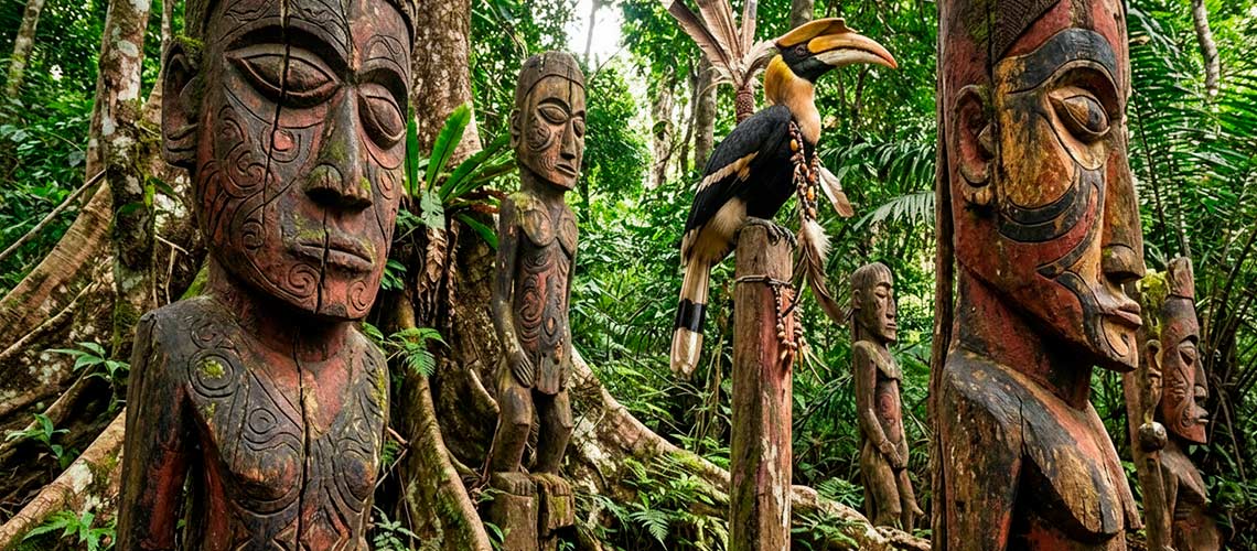 esculturas rústicas dayak, de Bornéu