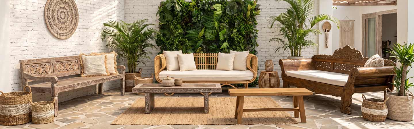 Bancos e sofás artesanais em madeira e rattan importado de Bali.