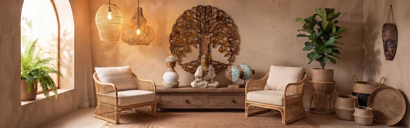 Sala de estar com decoração boho e peças artesanais importadas da Indonésia.