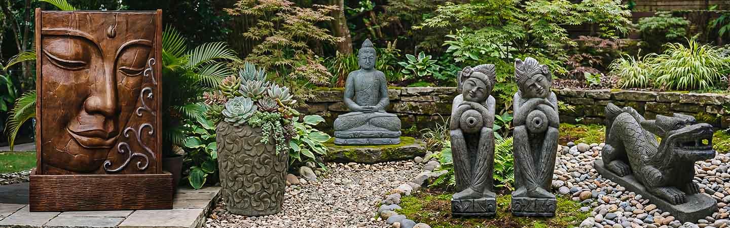 Decoração de jardim com escultura, vaso, fonte e mais para ser garden decor.
