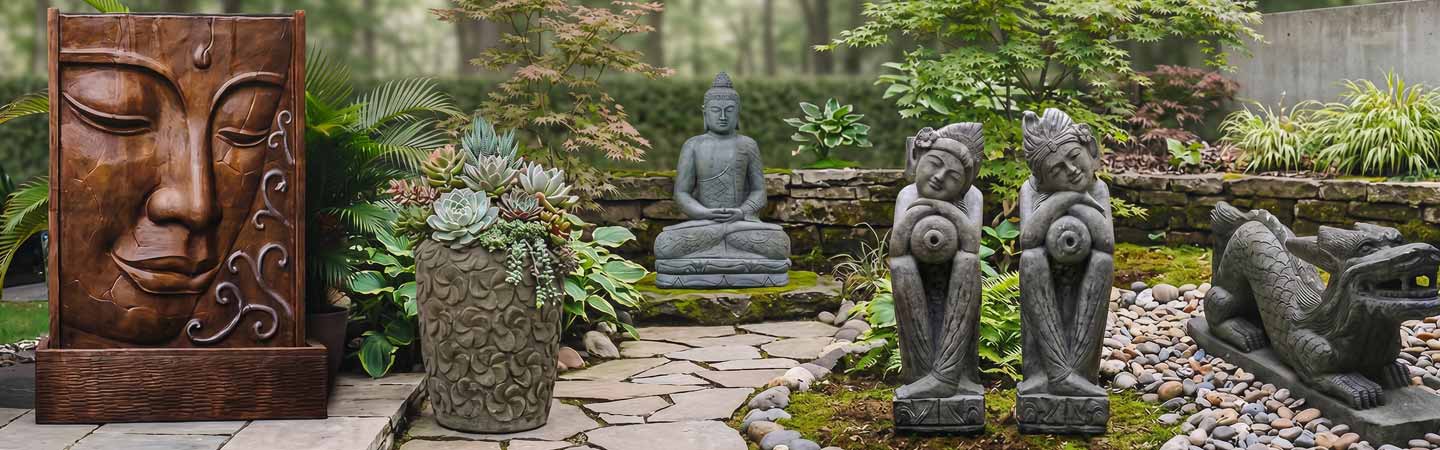 Decoração de jardim com escultura, vaso, fonte e mais para ser garden decor.