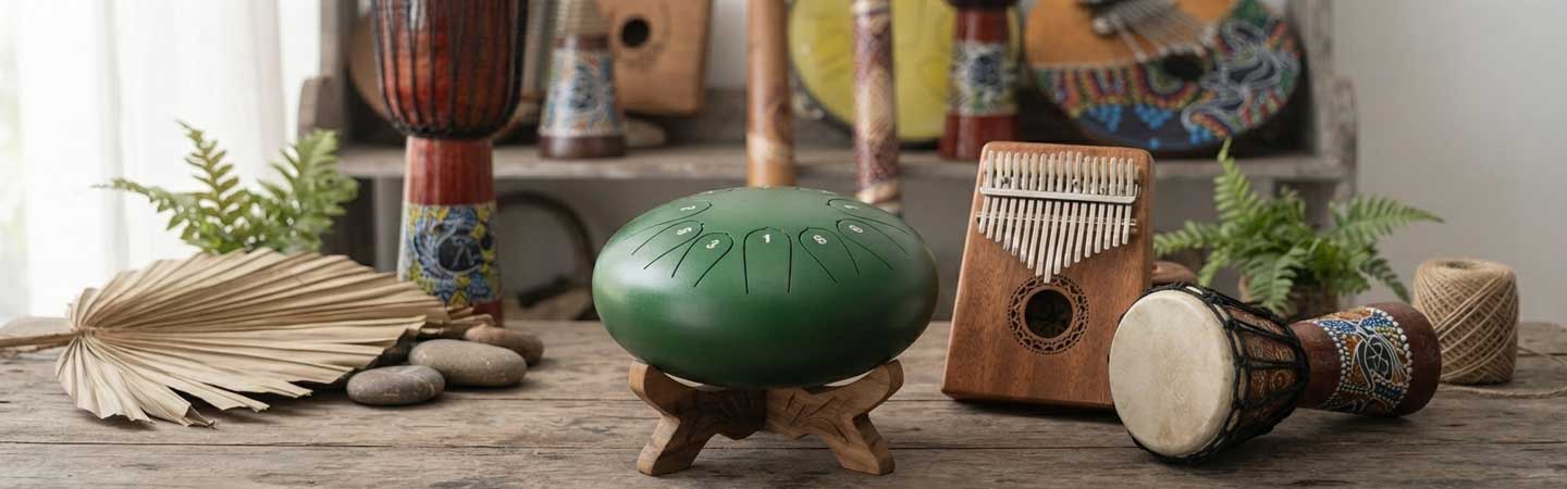 Instrumentos musicais artesanais. Djembê, kalimba, didgerido, flauta entre outros.