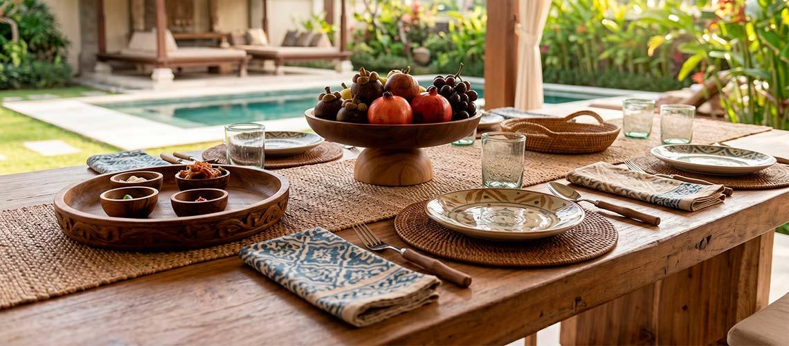 Mesa posta com decoração artesanal de Bali. Inclui pratos, sousplats, fruteira e mais.