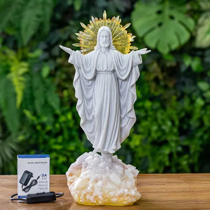 Escultura de marmorite com Jesus abençoando e luz espiritual