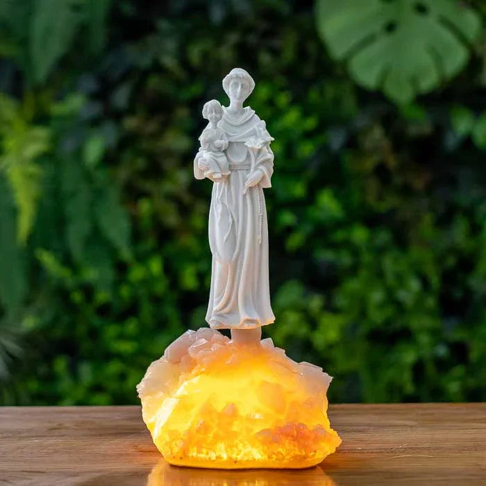 Escultura de Santo Antônio com Menino Jesus e base iluminada