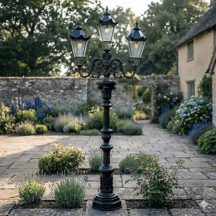 Poste colonial artesanal para jardim em ferro preto com três lanternas clássicas ornamentadas.