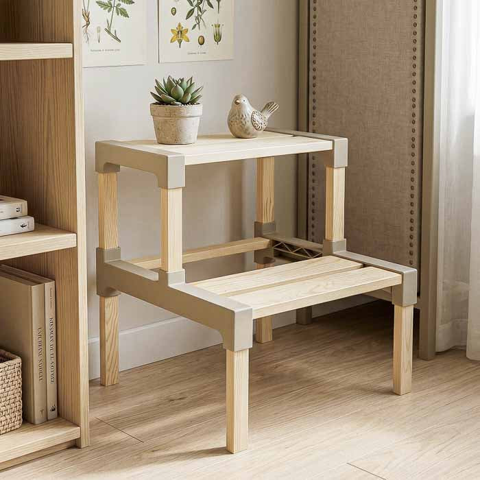 Escada compacta de madeira de reflorestamento para closet e organização doméstica.
