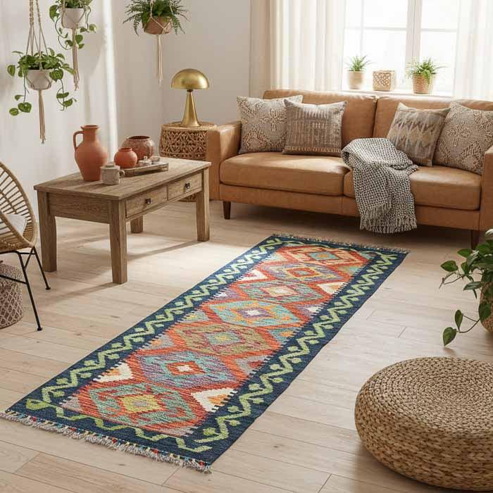 Tapete Kilim afegão oriental de 185cm em ambiente decorado com móveis de madeira e plantas, estilo Boho Chic exclusivo.