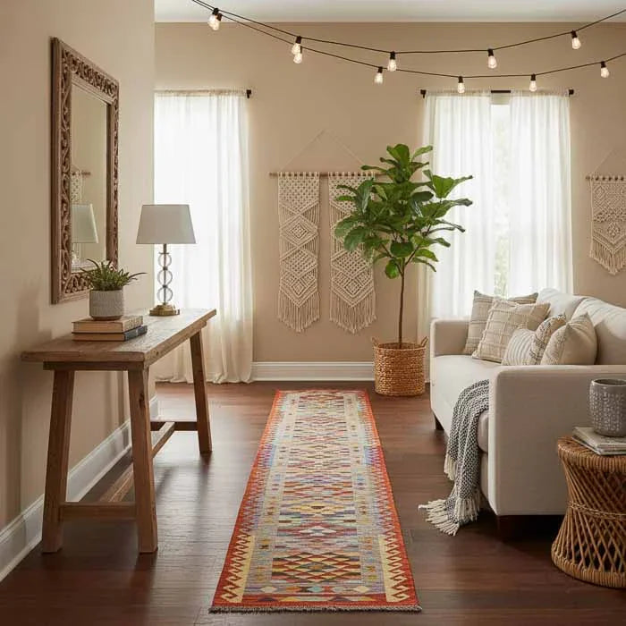 Peça Kilim afegã oriental de 490cm em corredor extenso decorado com iluminação cênica e design orgânico exclusivo.