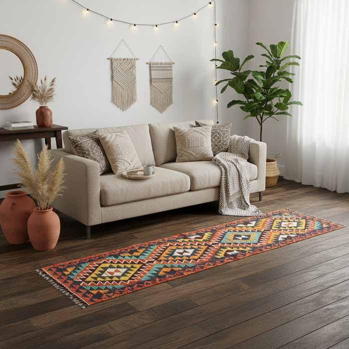 Peça têxtil oriental de 192cm posicionada em corredor decorado com elementos naturais e iluminação de estética Boho Chic.