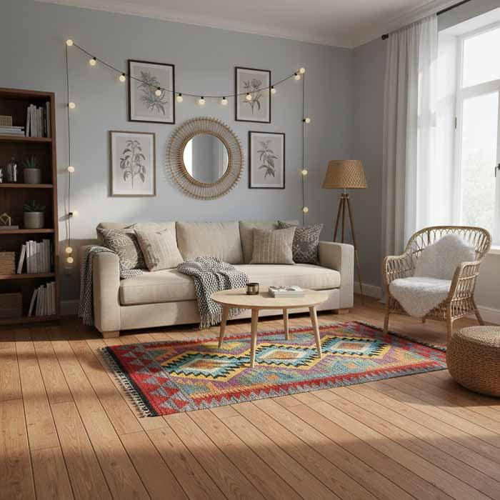 Tapete Kilim afegão de 132cm posicionado em ambiente decorado com poltrona de linho e elementos em fibras naturais.