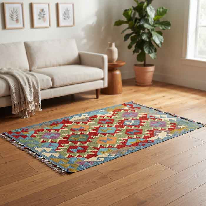 Passadeira oriental de 156cm posicionada em ambiente iluminado com poltrona de vime e plantas, estilo Boho Chic.