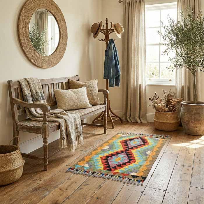 Tapete artesanal de 90cm do Afeganistão posicionado em ambiente Boho com poltrona de linho e cestaria de vime.