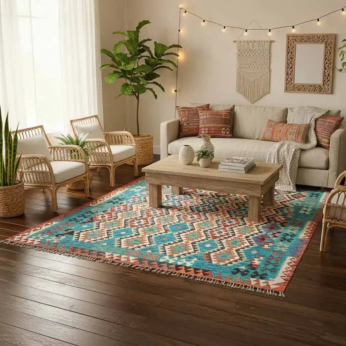 Peça Kilim afegã oriental de 290x200cm em sala com mobiliário de madeira e design orgânico exclusivo.