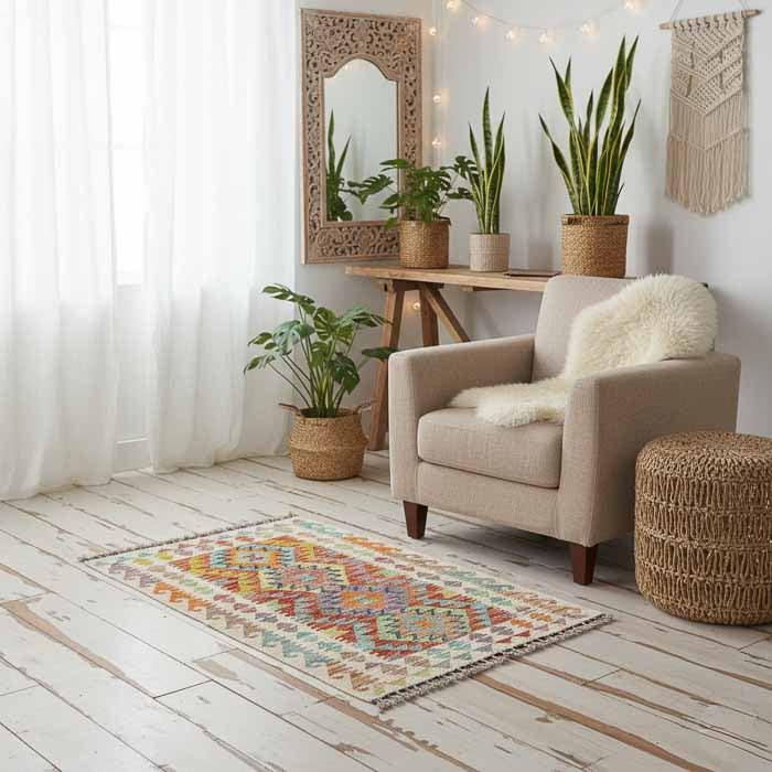 Tapete Kilim afegão de 120cm em ambiente decorado com poltrona clara e cestaria de fibra natural, estilo Boho Chic.