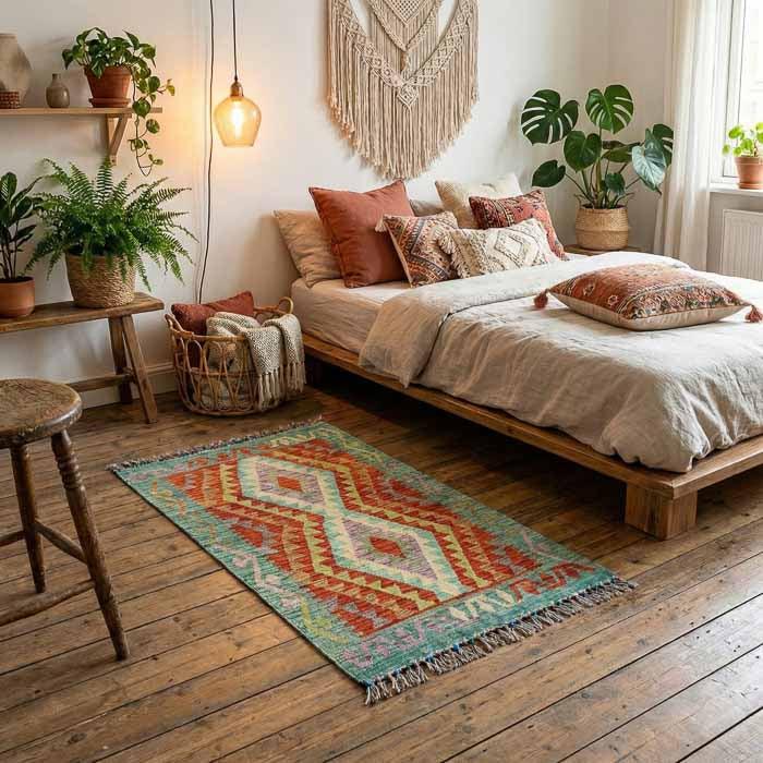 Peça têxtil oriental de 120cm posicionada em dormitório ao lado da cama em ambiente de estética Boho Chic.