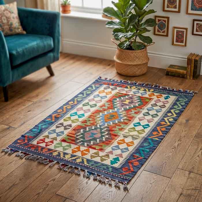Tapete estilo étnico com desenhos de losangos coloridos e bordas detalhadas.