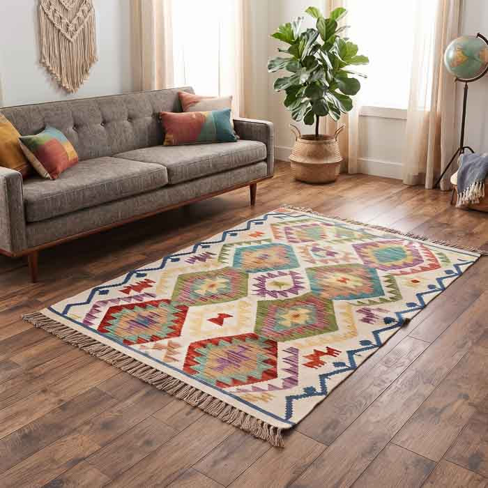 Tapete Kilim afegão de 150cm posicionado em ambiente decorado com poltrona de linho e elementos em fibras naturais.