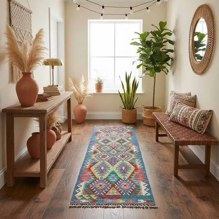 Tapete Kilim afegão oriental de 298cm em corredor iluminado com banco de couro e plantas, estilo Boho Chic exclusivo.