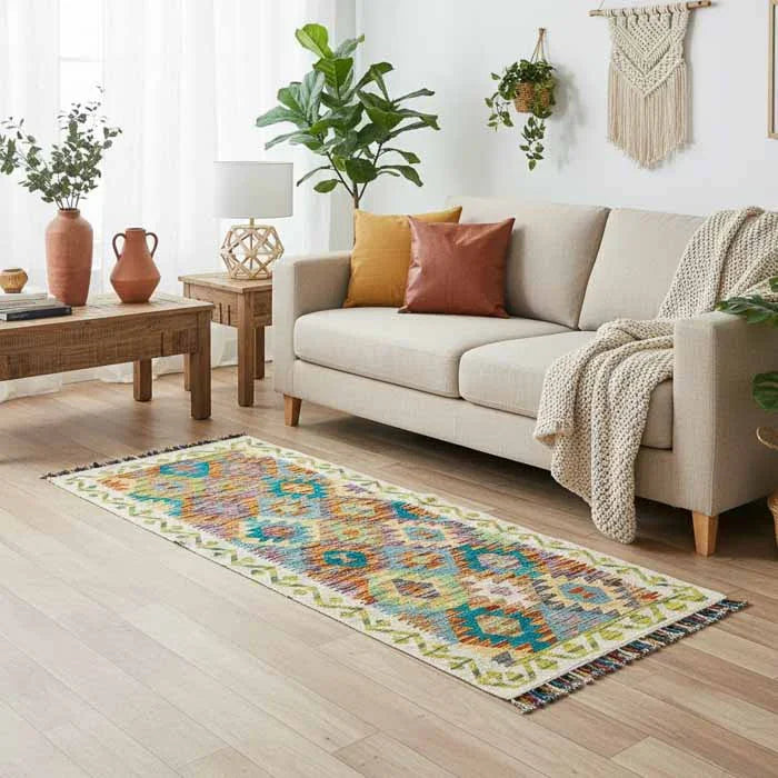Tapete Kilim afegão de 190cm em sala decorada com sofá neutro e cestaria de fibra natural, estilo Boho Chic.