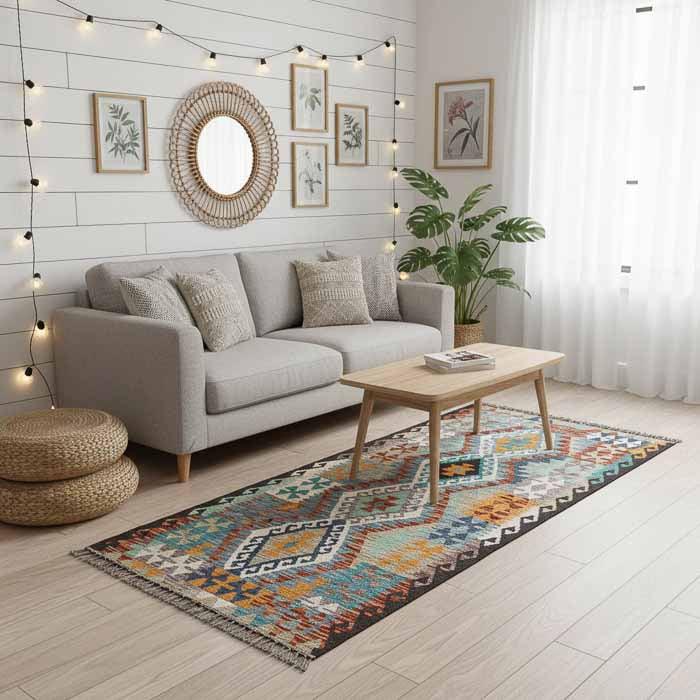 Passadeira oriental de 204cm em sala com piso de madeira e mobiliário orgânico, criando um ponto de luz exclusivo.