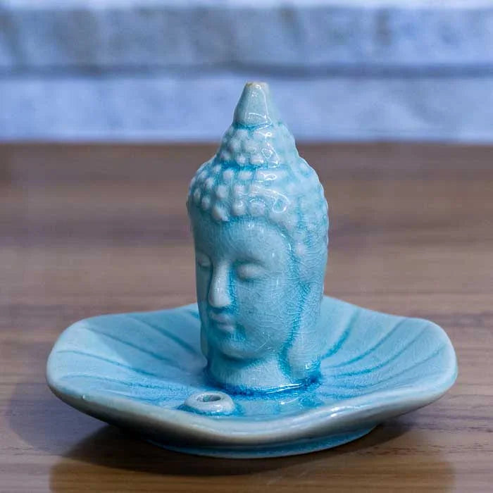 Incensário decorativo com escultura da cabeça de Buda