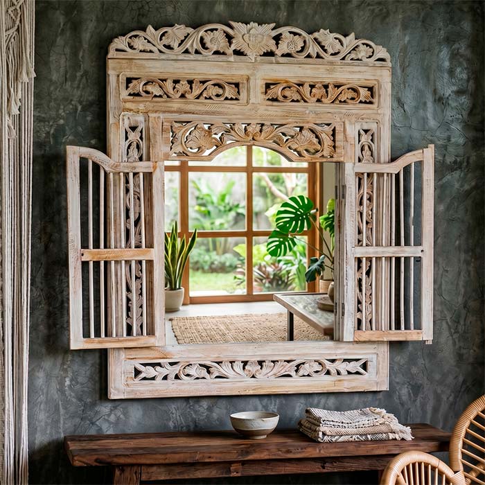 espelho janela madeira decoracao balinesa artesanato indonesia entalhado espiritualidade design interiores comprar loja artesintonia decor