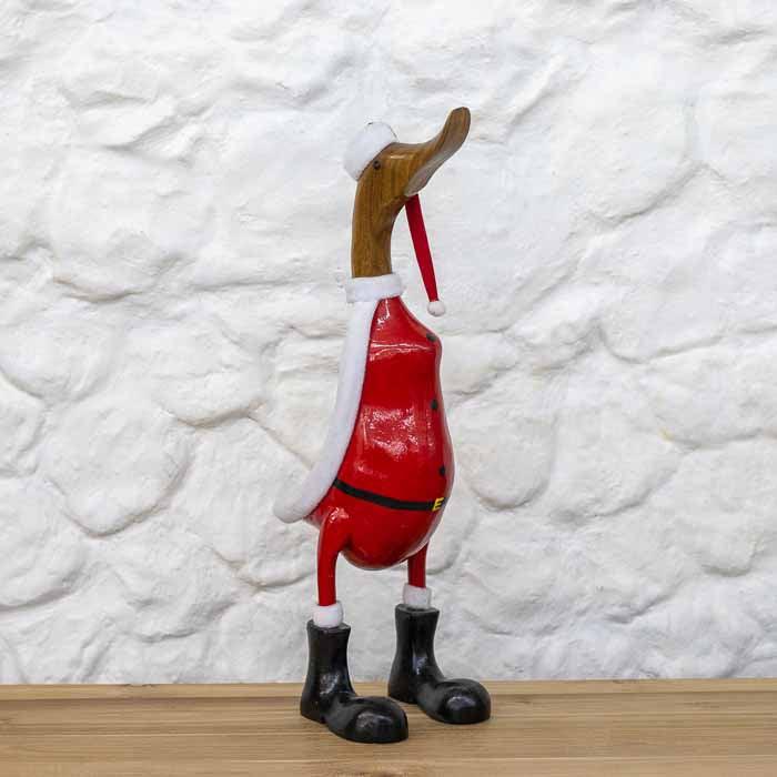 Escultura artesanal balinesa de pato com tema de Papai Noel, enfeite de Natal exclusivo, feito à mão e importado pela Arte e Sintonia.