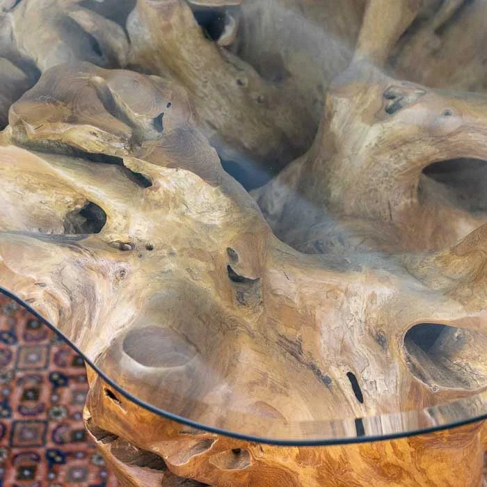 Móvel de raiz balinês em teca maciça com cavidades naturais e vidro orgânico utilizado como mesa de jantar ou peça central decorativa.