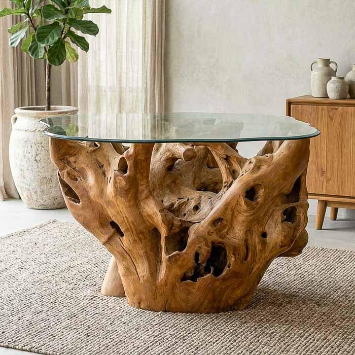 Mesa de jantar de raiz em madeira teca maciça feita em Bali com tampo de vidro temperado e design orgânico que destaca as curvas naturais da raiz.