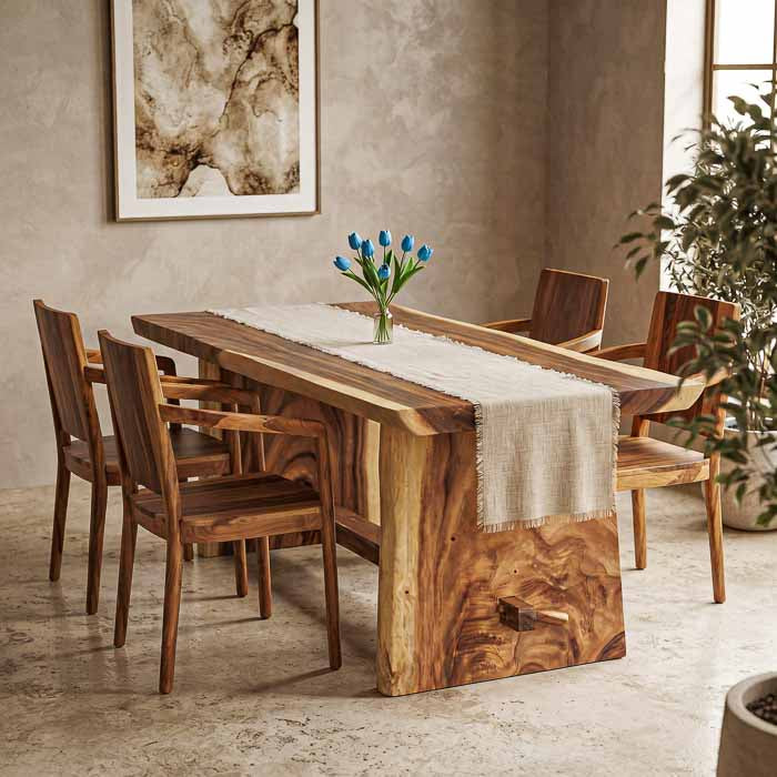 Mesa de refeição rústica de 200cm em tora de madeira maciça Suar ornamentada com arranjo floral sobre o tampo.