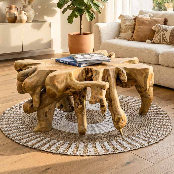 Mesa orgânica de raiz clara com formato natural e estrutura maciça ideal para composições tropicais e autênticas.